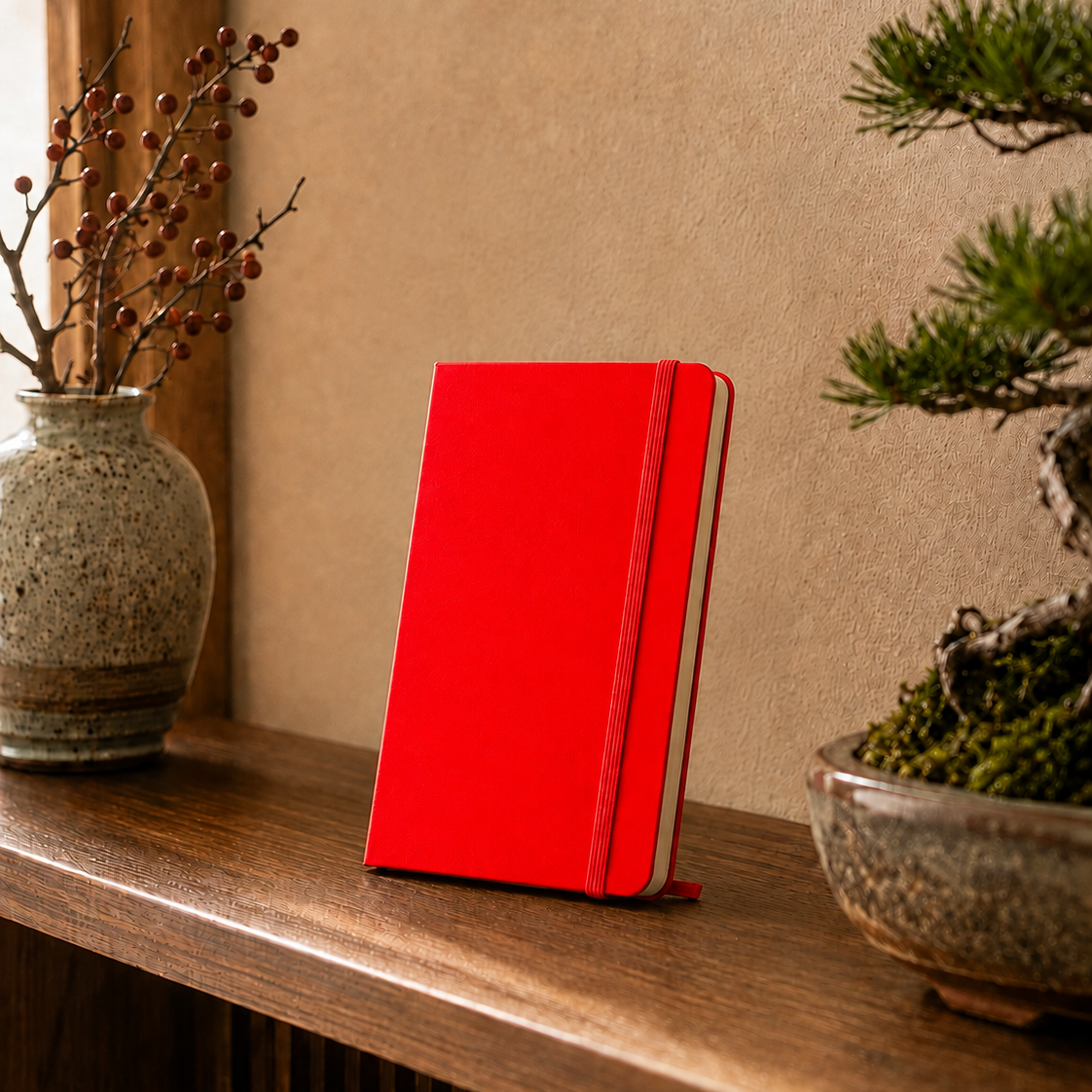 Carnet rouge posé sur une étagère#Format_Petit format - rouge